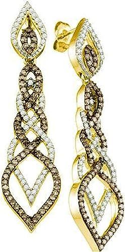 1.50 Carat (ctw) 10k Round Brown & White Diamond Ladies Dangling Drop Earrings, Yellow Gold