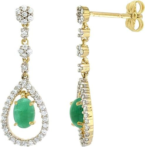 14k Gold 0.4ct Diamond Genuine Emerald Dangle Earrings Teardrop 6x4 Oval 1 inch long
