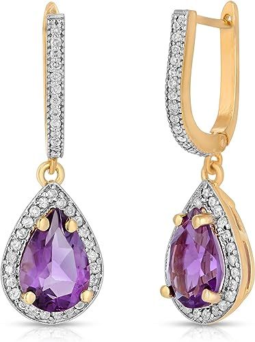 14K Solid Gold Dangling Earrings with Natural Diamonds and Pear Shape Natural Purple Amethysts (Grade AAA)